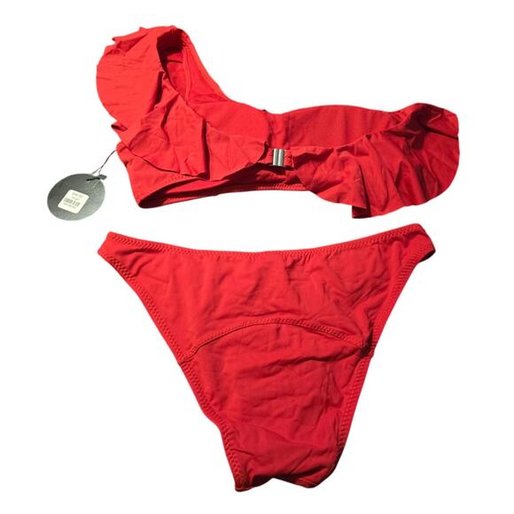 Envya Swimwear One Shoulder Ruffled‎ 2-Piece Bikini Red Swimsuit  Size S NWT - Picture 2 of 9